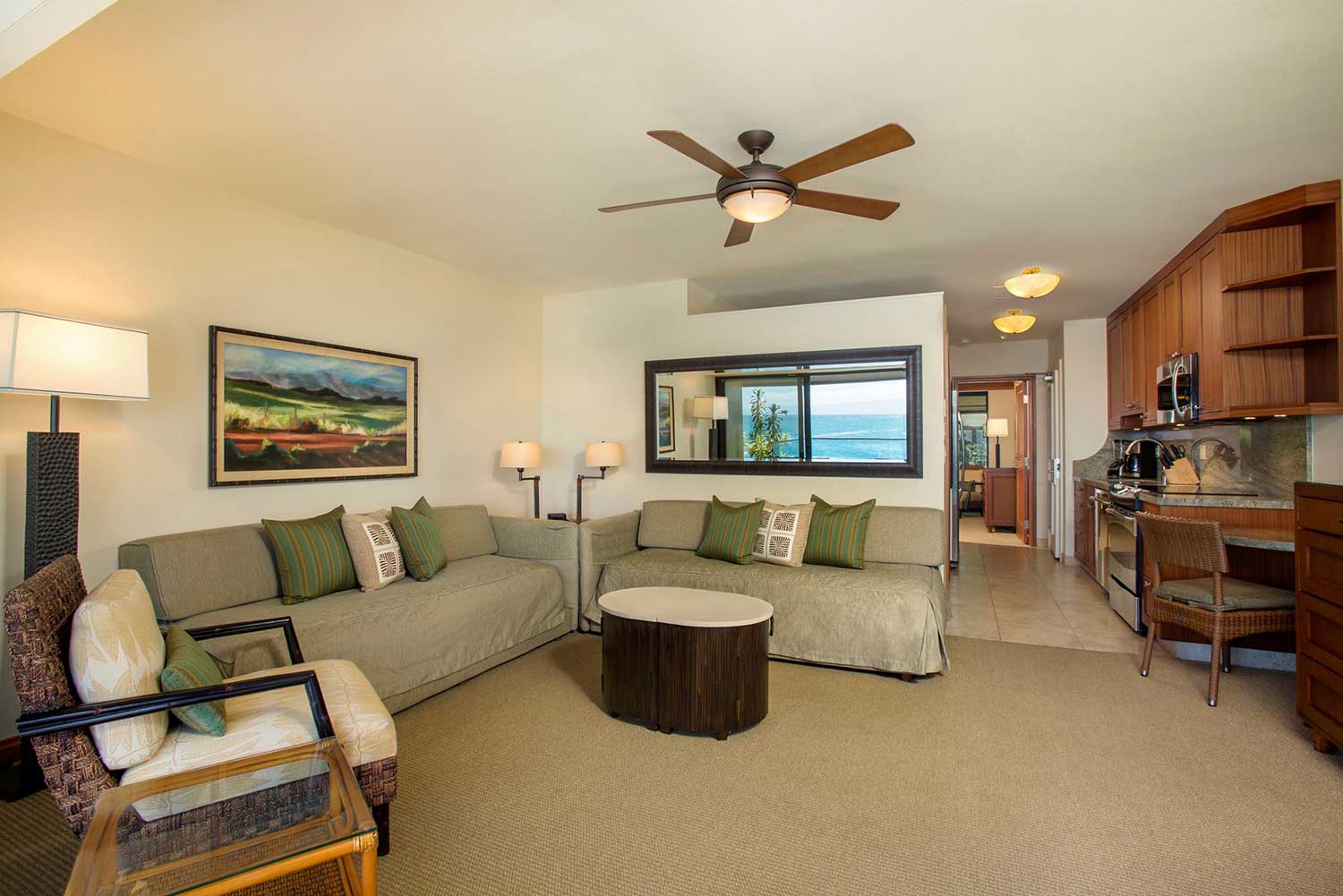Oceanfront living area with open layout and seating