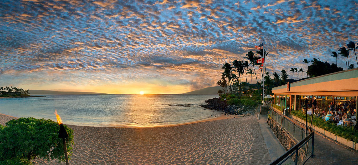 Sea House Restaurant at sunset on Napili Bay